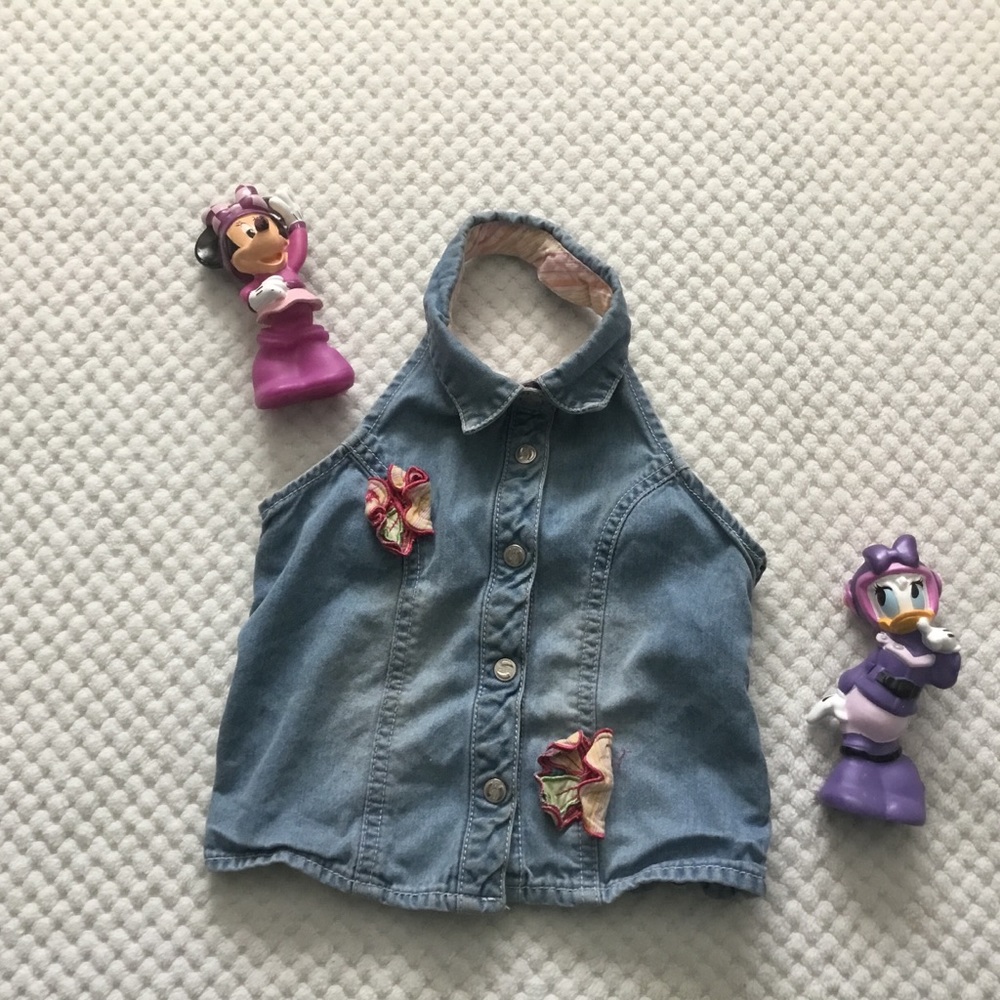 Jean Halter top with Flowers EUC